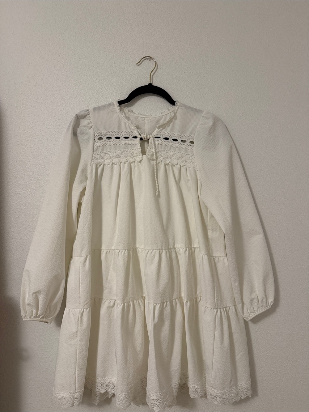 Girls' White Crochet Yoke Tiered Dress